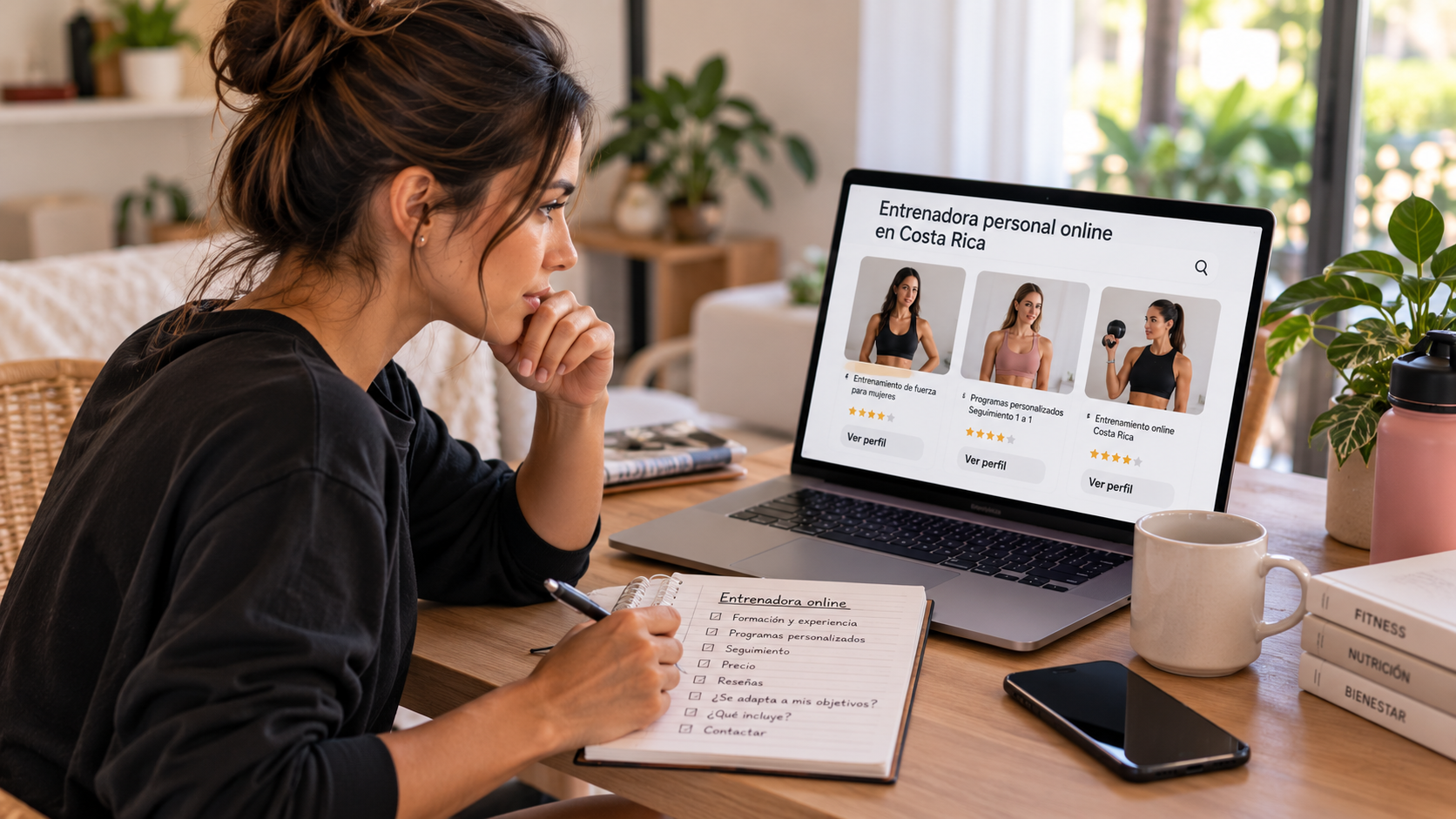 mujer buscando entrenadora personal online en su computadora