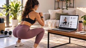Mujer adulta realizando entrenamiento de fuerza online desde su casa